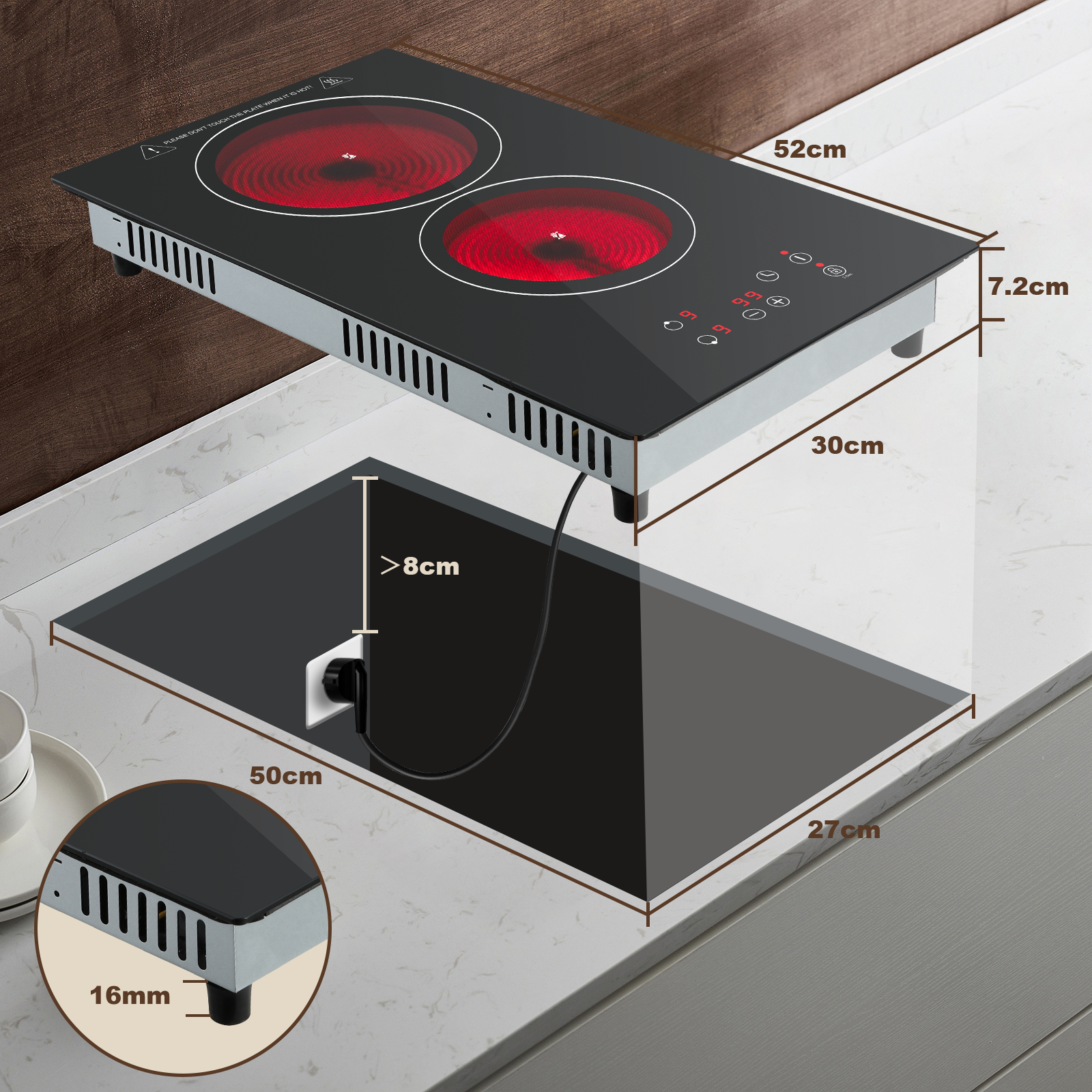 FYCH02UK- Ceramic Hob 2 Zones, Electric Plug in Hob 30cm 2 Burners, 2800W, 9 Power Levels, 1-99 min Timer, Residual Heat Indicator, Child Safety Lock, compatible with All Pans & Pots
