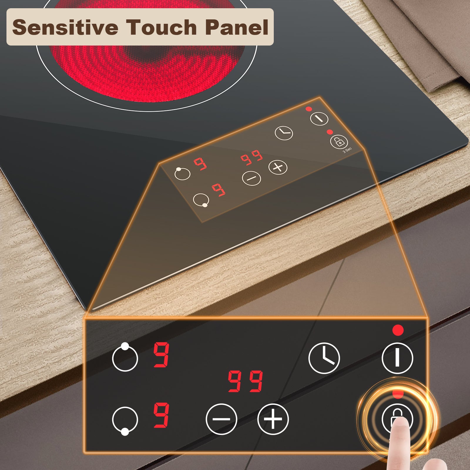 FYCH02UK- Ceramic Hob 2 Zones, Electric Plug in Hob 30cm 2 Burners, 2800W, 9 Power Levels, 1-99 min Timer, Residual Heat Indicator, Child Safety Lock, compatible with All Pans & Pots