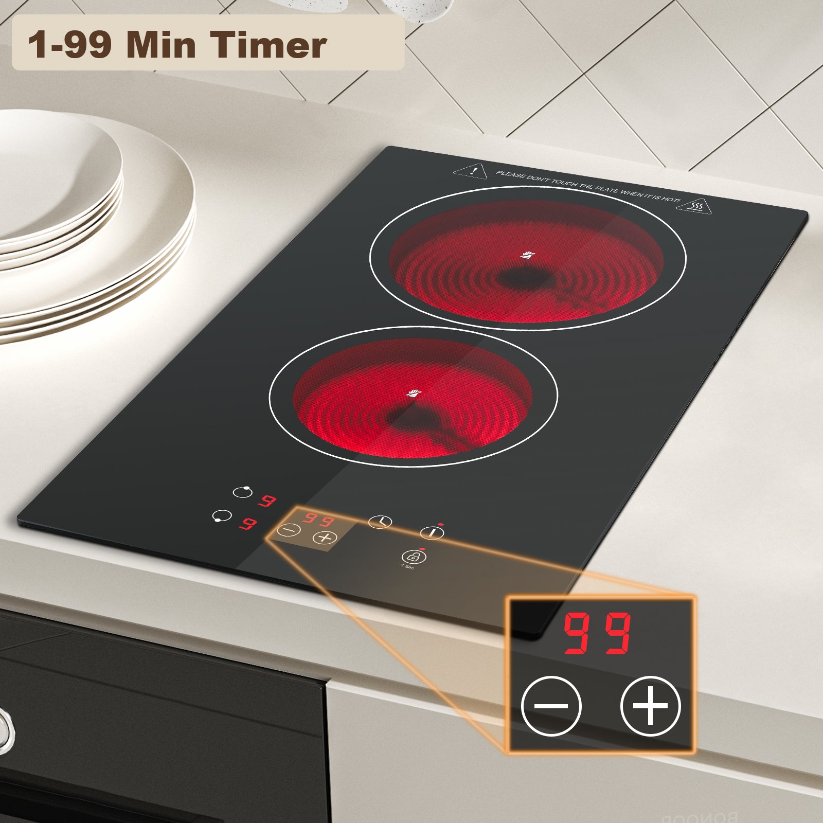 FYCH02UK- Ceramic Hob 2 Zones, Electric Plug in Hob 30cm 2 Burners, 2800W, 9 Power Levels, 1-99 min Timer, Residual Heat Indicator, Child Safety Lock, compatible with All Pans & Pots