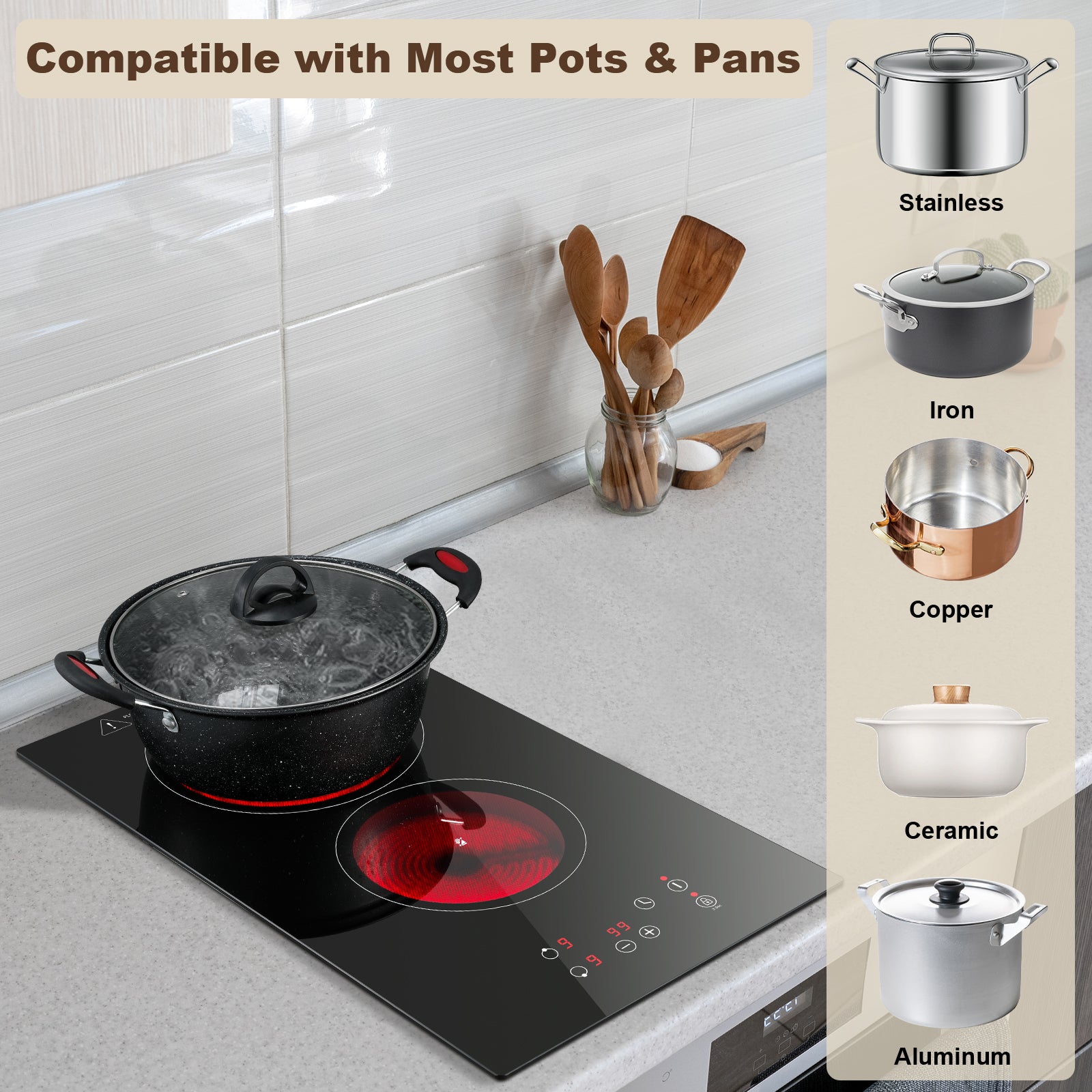FYCH02UK- Ceramic Hob 2 Zones, Electric Plug in Hob 30cm 2 Burners, 2800W, 9 Power Levels, 1-99 min Timer, Residual Heat Indicator, Child Safety Lock, compatible with All Pans & Pots