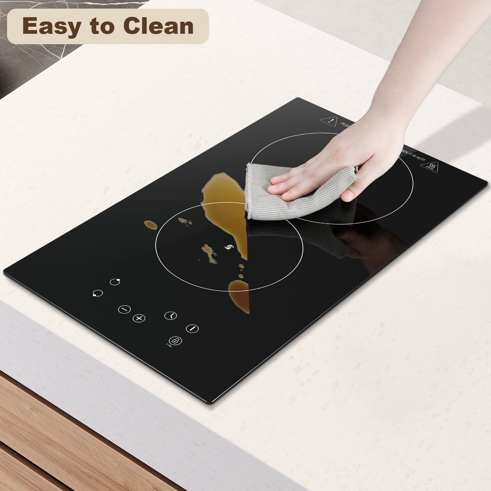 FYCH02UK- Ceramic Hob 2 Zones, Electric Plug in Hob 30cm 2 Burners, 2800W, 9 Power Levels, 1-99 min Timer, Residual Heat Indicator, Child Safety Lock, compatible with All Pans & Pots