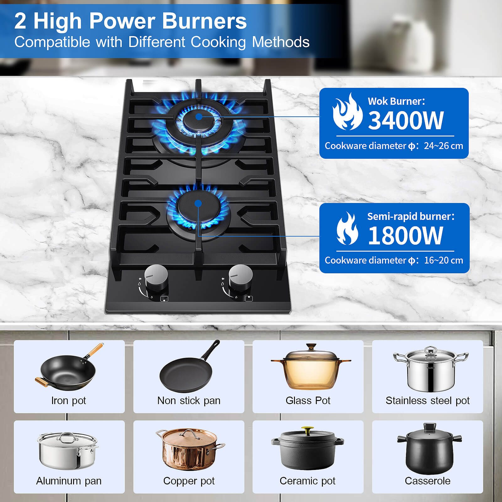Topstrong 2 burner gas hob suitable for flat cookers