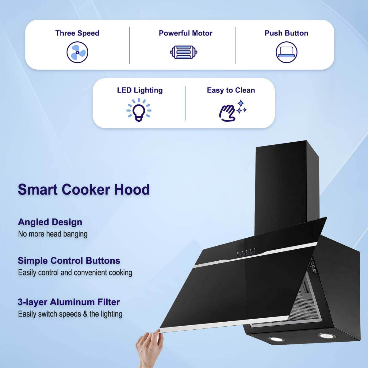 Topstrong black tempered glass wall mounted cooker hood with 2 led lights