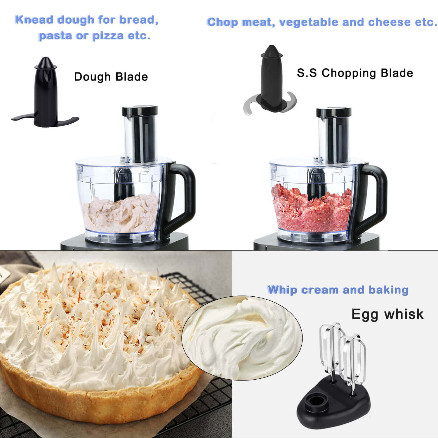 The mixer can be used to grind meat, mix eggs and whip cream