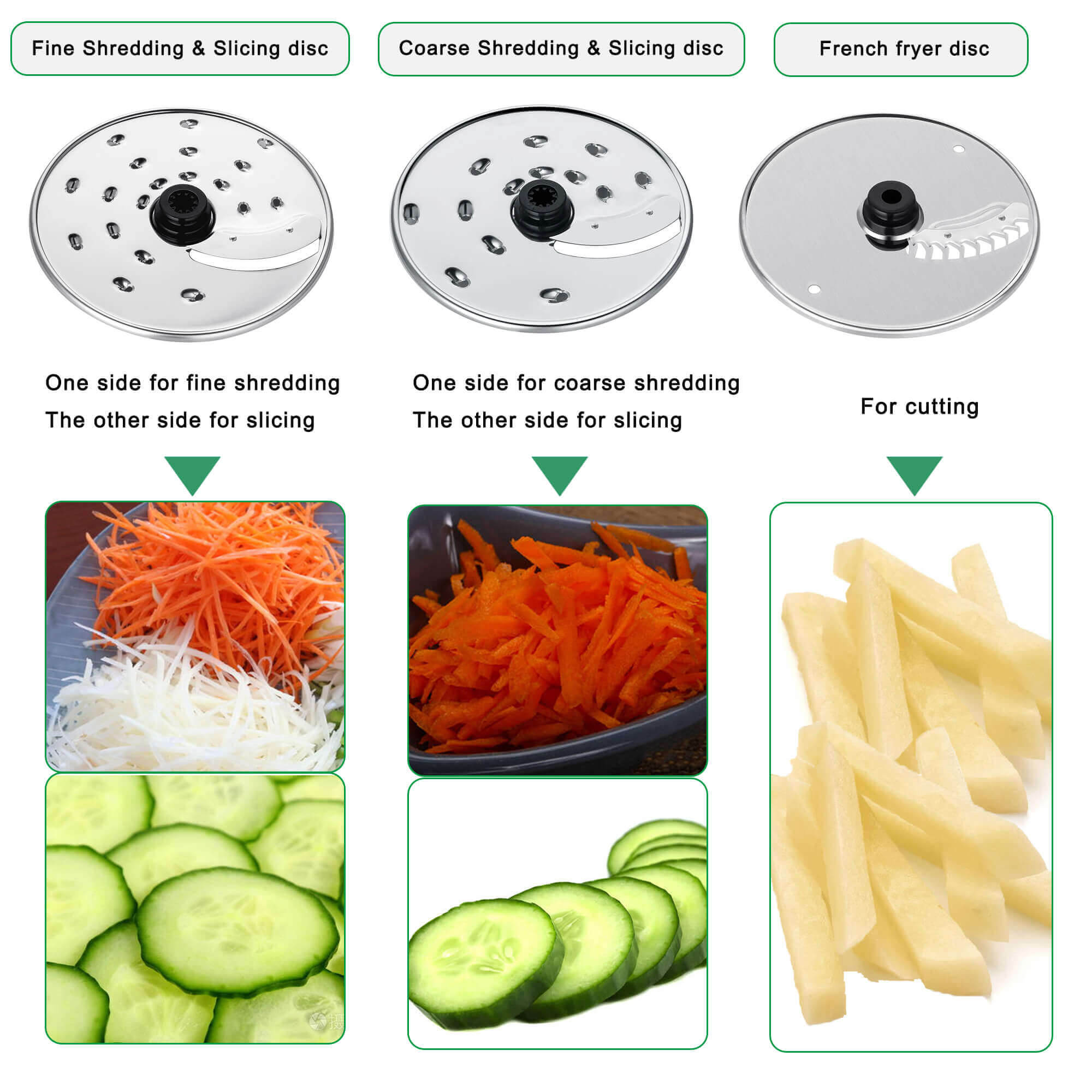 Equipped with three shredding or slicing discs to meet your needs for various ingredients