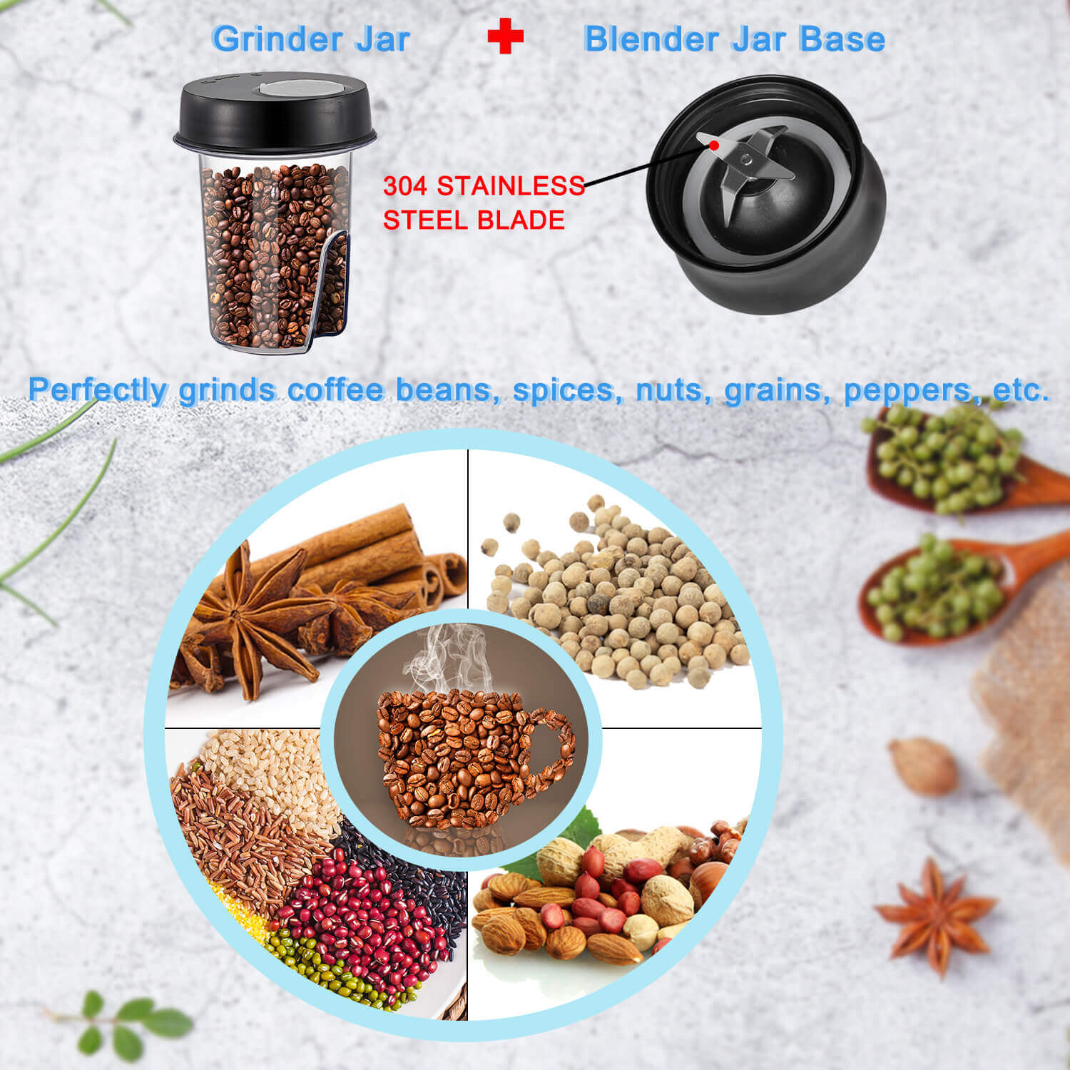 Grinders can perfectly ground coffee beans, spiced, grains and etc.