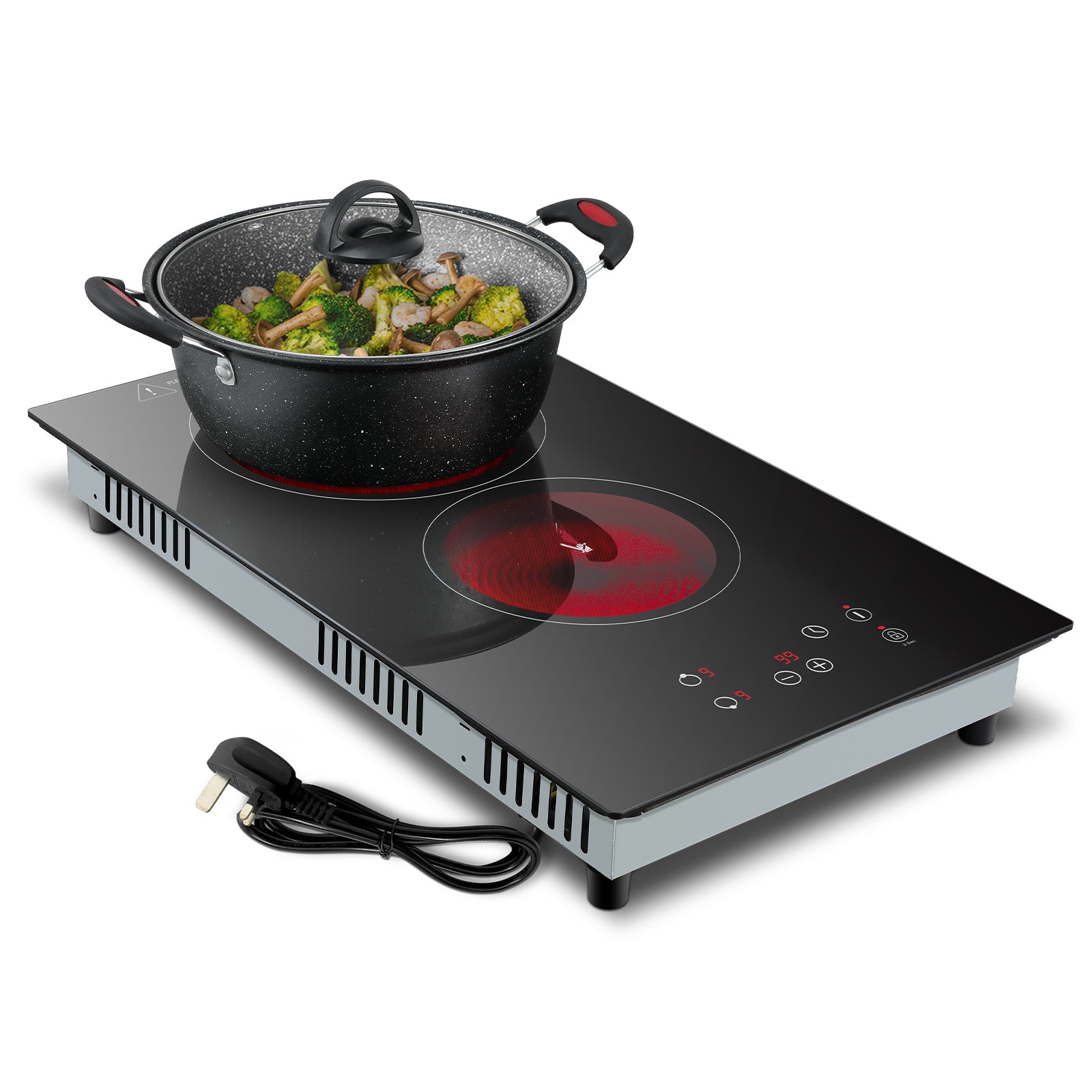 FYCH02UK- Ceramic Hob 2 Zones, Electric Plug in Hob 30cm 2 Burners, 2800W, 9 Power Levels, 1-99 min Timer, Residual Heat Indicator, Child Safety Lock, compatible with All Pans & Pots