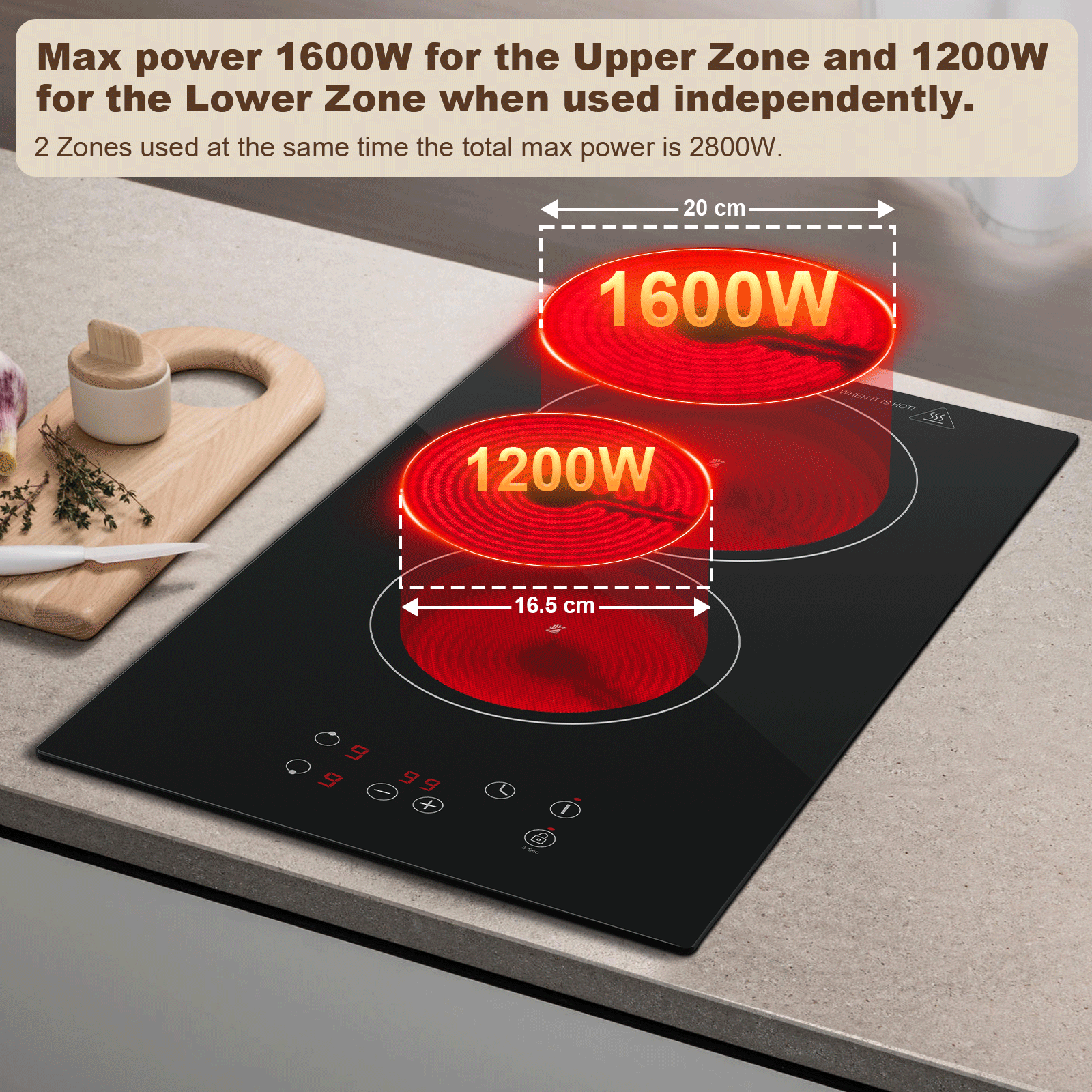 FYCH02UK- Ceramic Hob 2 Zones, Electric Plug in Hob 30cm 2 Burners, 2800W, 9 Power Levels, 1-99 min Timer, Residual Heat Indicator, Child Safety Lock, compatible with All Pans & Pots