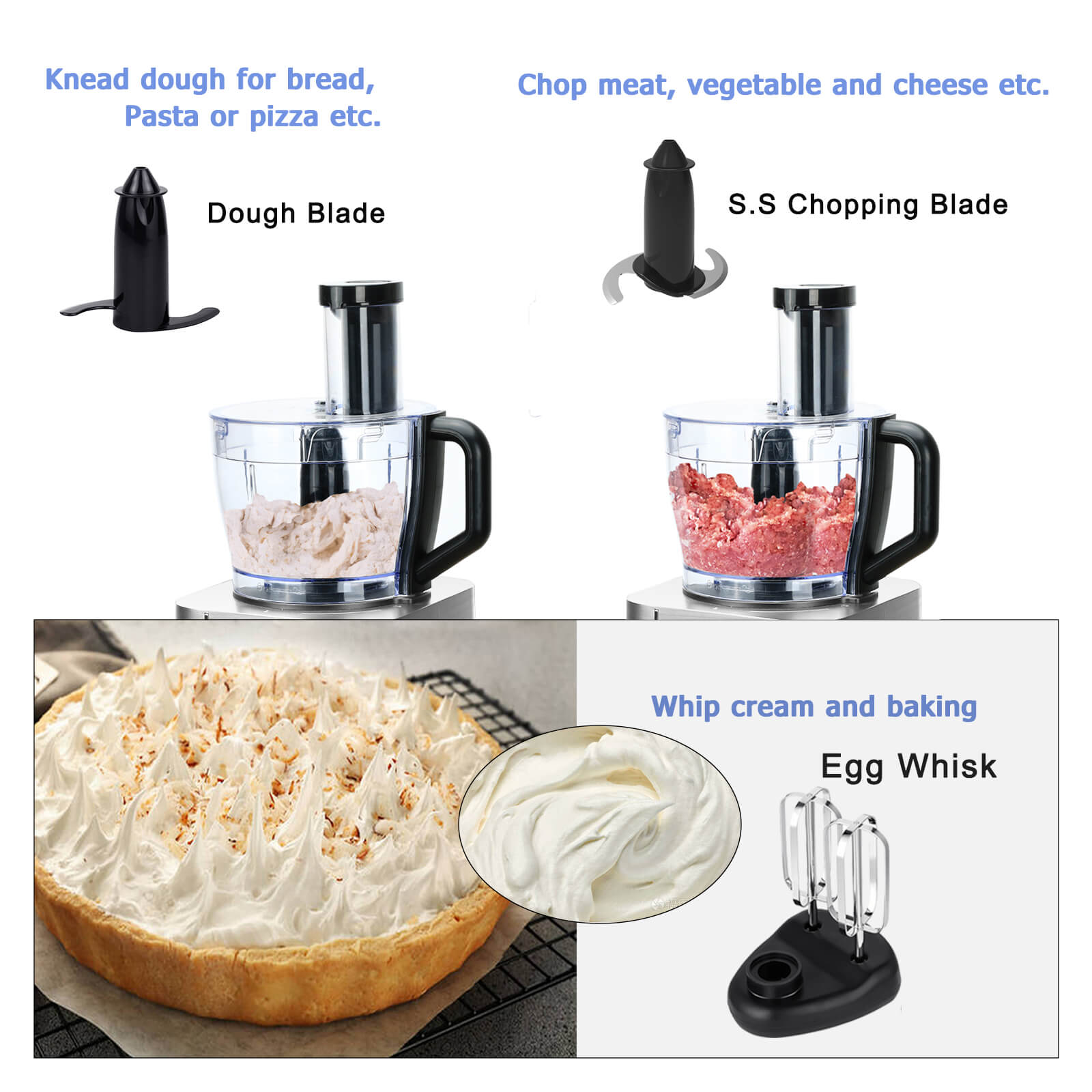 The mixer can be used to grind meat, mix eggs and whip cream