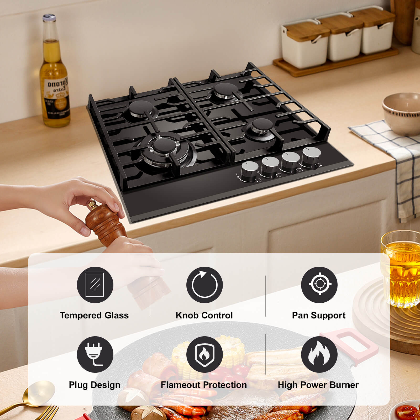 Topstrong 60cm built-in 4 burner gas cooktop with FFD, 8000w