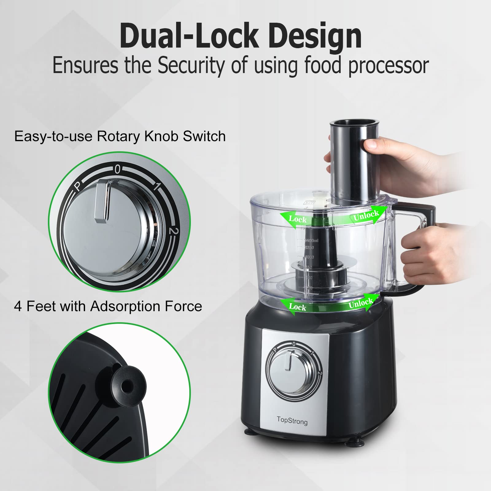 topstrong food processor's double lock design and anti-slip suction feet design