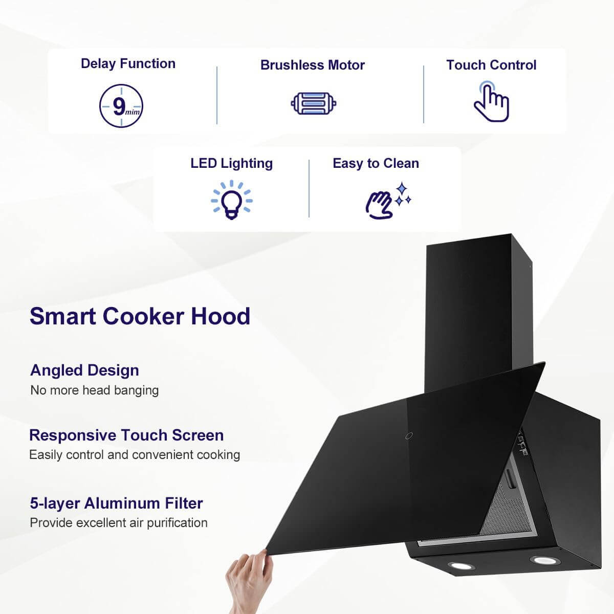 Topstrong black tempered glass touch control cooker hood