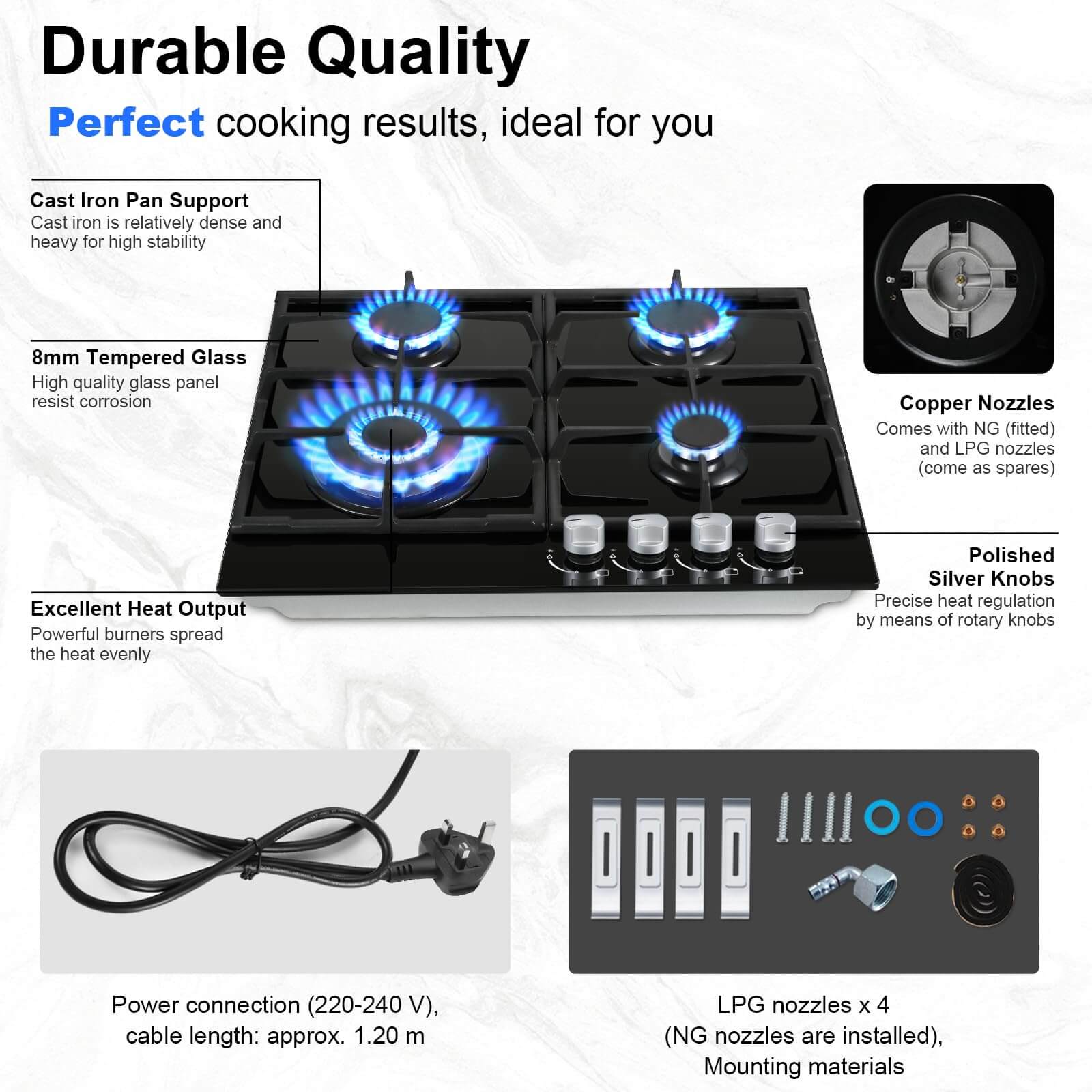 YYUKGCT-B04S 4 Burners Black Glass Gas Hob Built in Gas Cooker Hob with Wok Burner