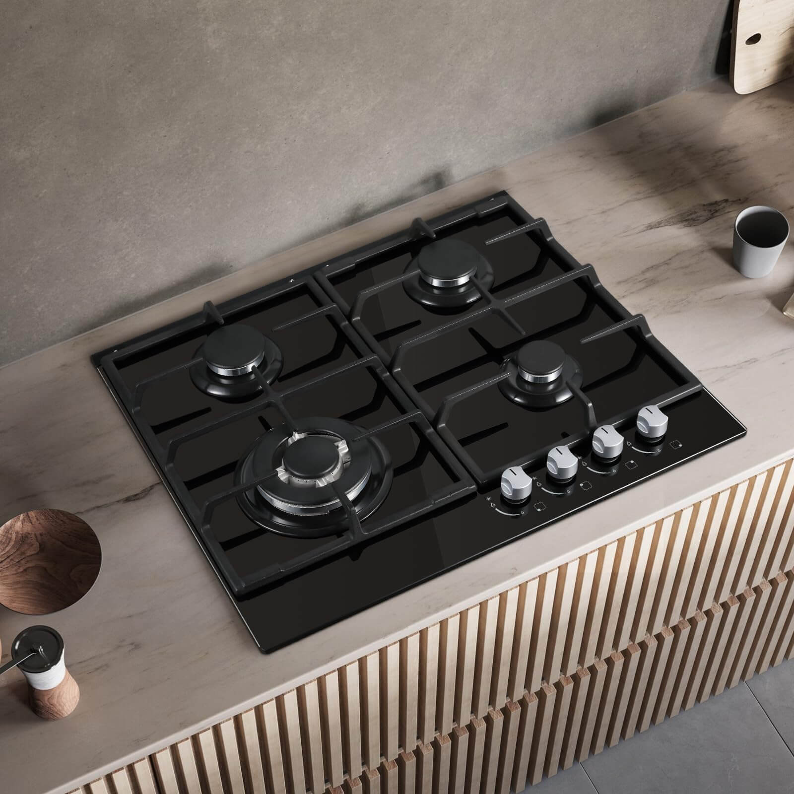 YYUKGCT-B04S 4 Burners Black Glass Gas Hob Built in Gas Cooker Hob with Wok Burner