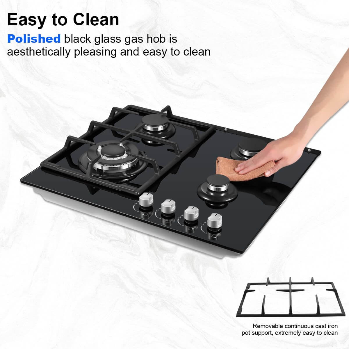 YYUKGCT-B04S 4 Burners Black Glass Gas Hob Built in Gas Cooker Hob with Wok Burner