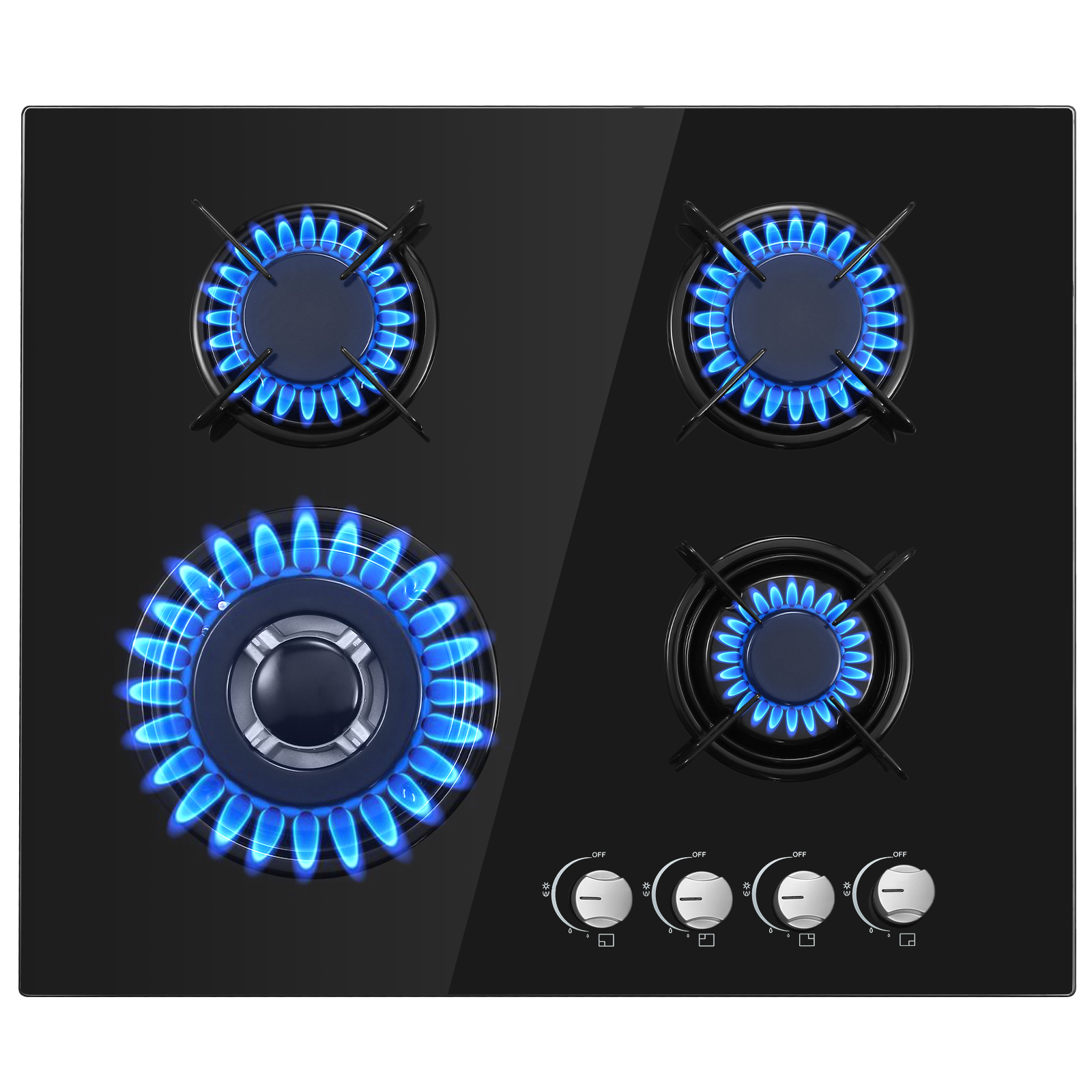 UKAEB-B04 Gas Cooktop 4 Burners 60cm Built-in Black Glass Gas Hob 8060W NG/LPG Convertible