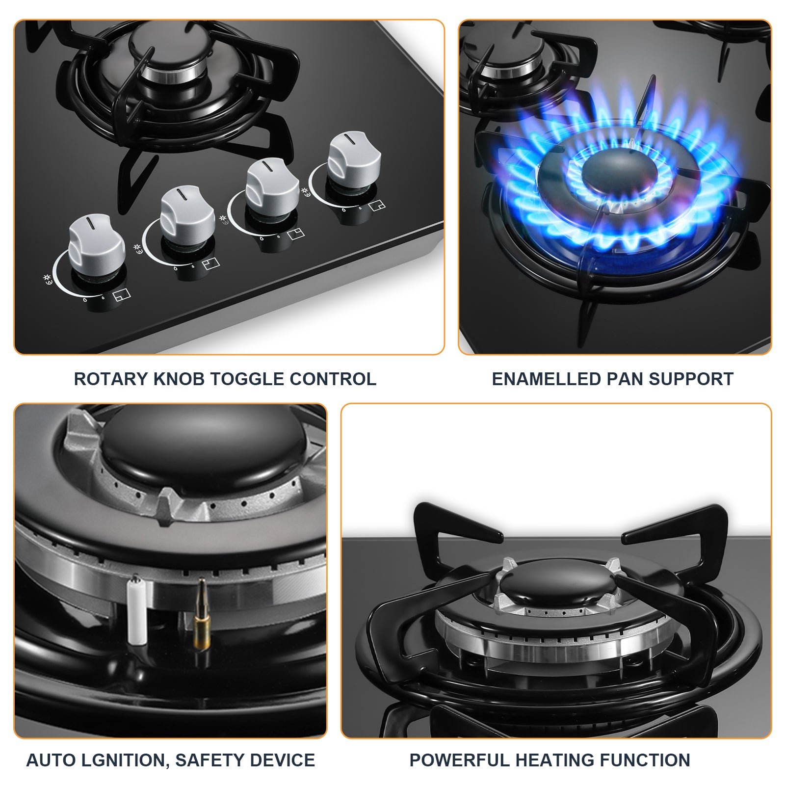 UKAEB-B04 Gas Cooktop 4 Burners 60cm Built-in Black Glass Gas Hob 8060W NG/LPG Convertible