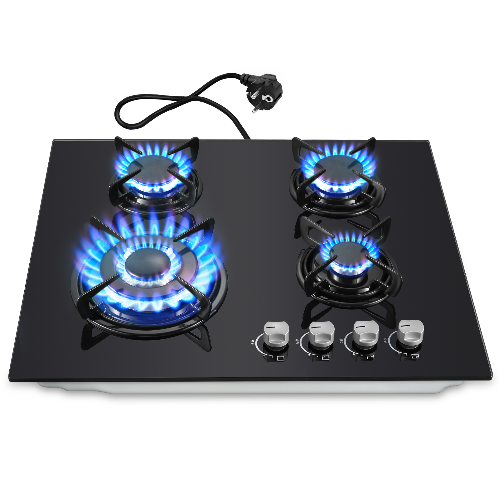 UKAEB-B04 Gas Cooktop 4 Burners 60cm Built-in Black Glass Gas Hob 8060W NG/LPG Convertible