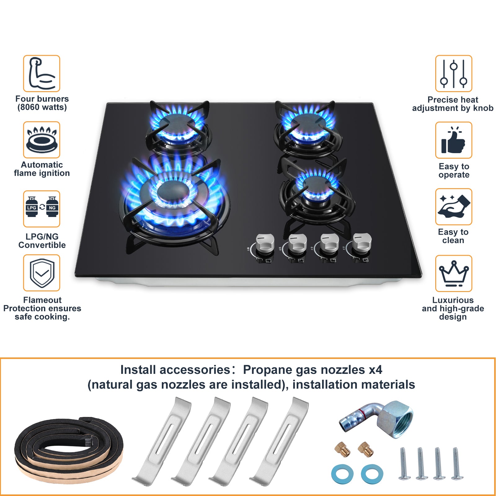 UKAEB-B04 Gas Cooktop 4 Burners 60cm Built-in Black Glass Gas Hob 8060W NG/LPG Convertible