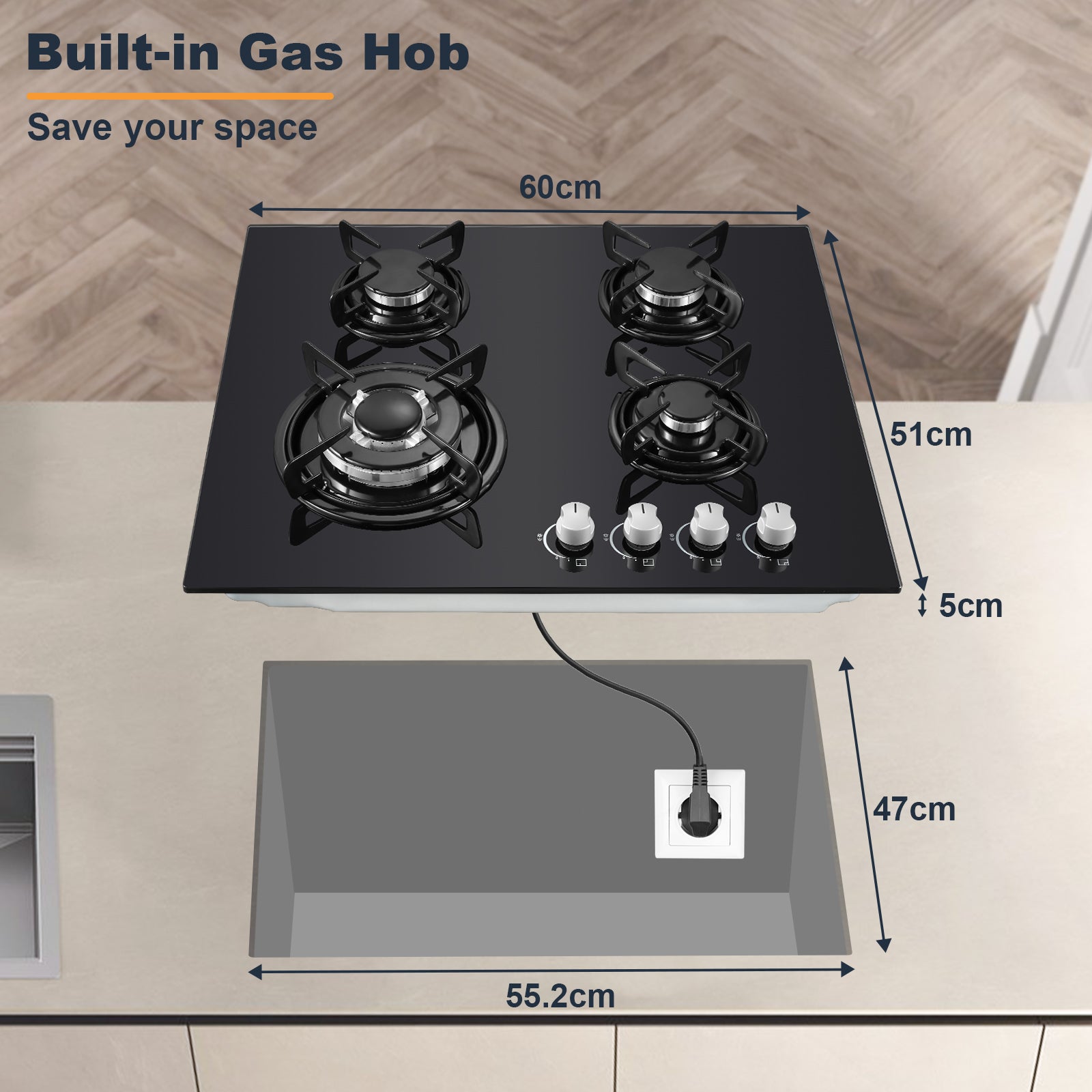 UKAEB-B04 Gas Cooktop 4 Burners 60cm Built-in Black Glass Gas Hob 8060W NG/LPG Convertible