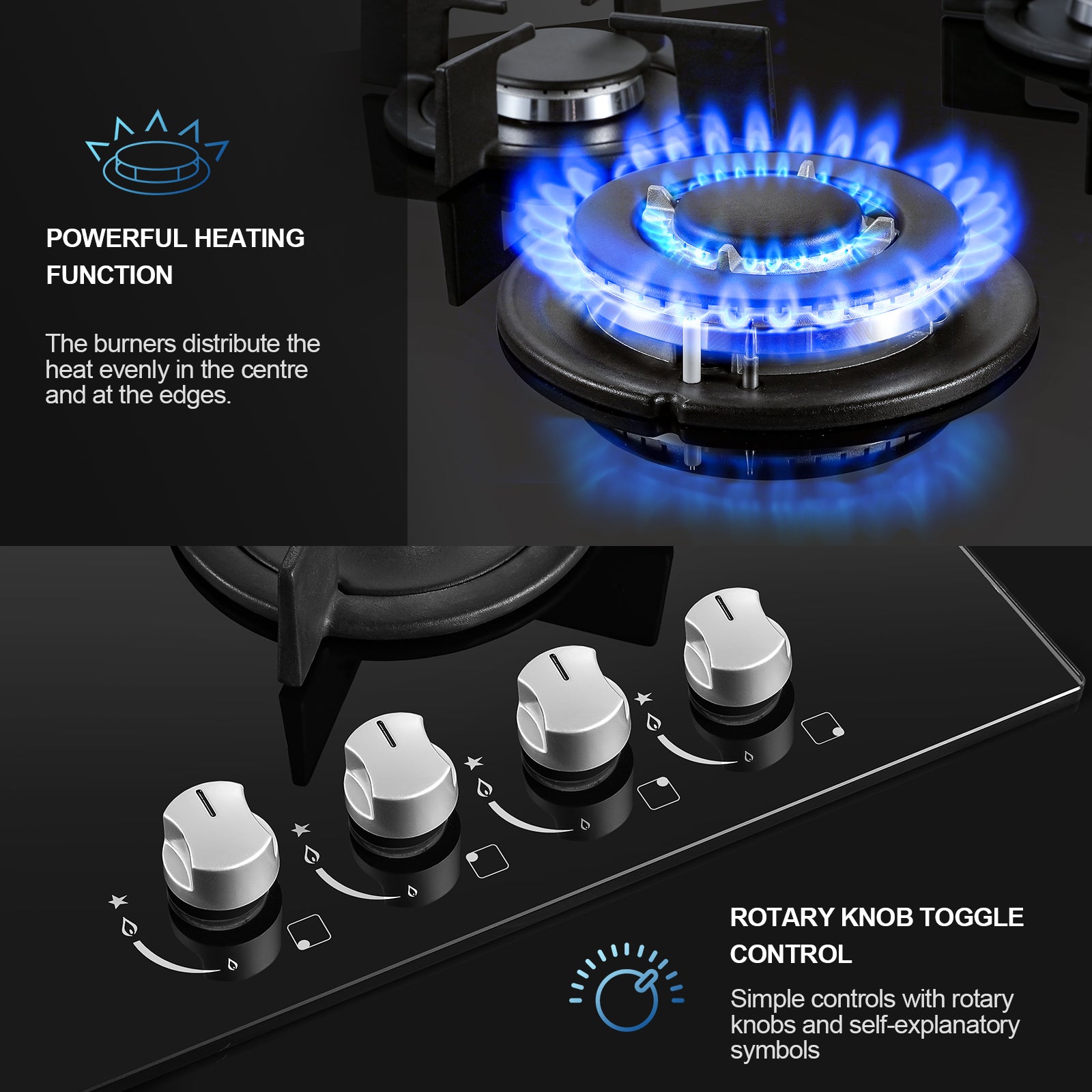 UKT3C-B04 4 Burners Gas Hob 60cm Built-in Gas Cooktop Glass NG/LPG Convertible 8060W