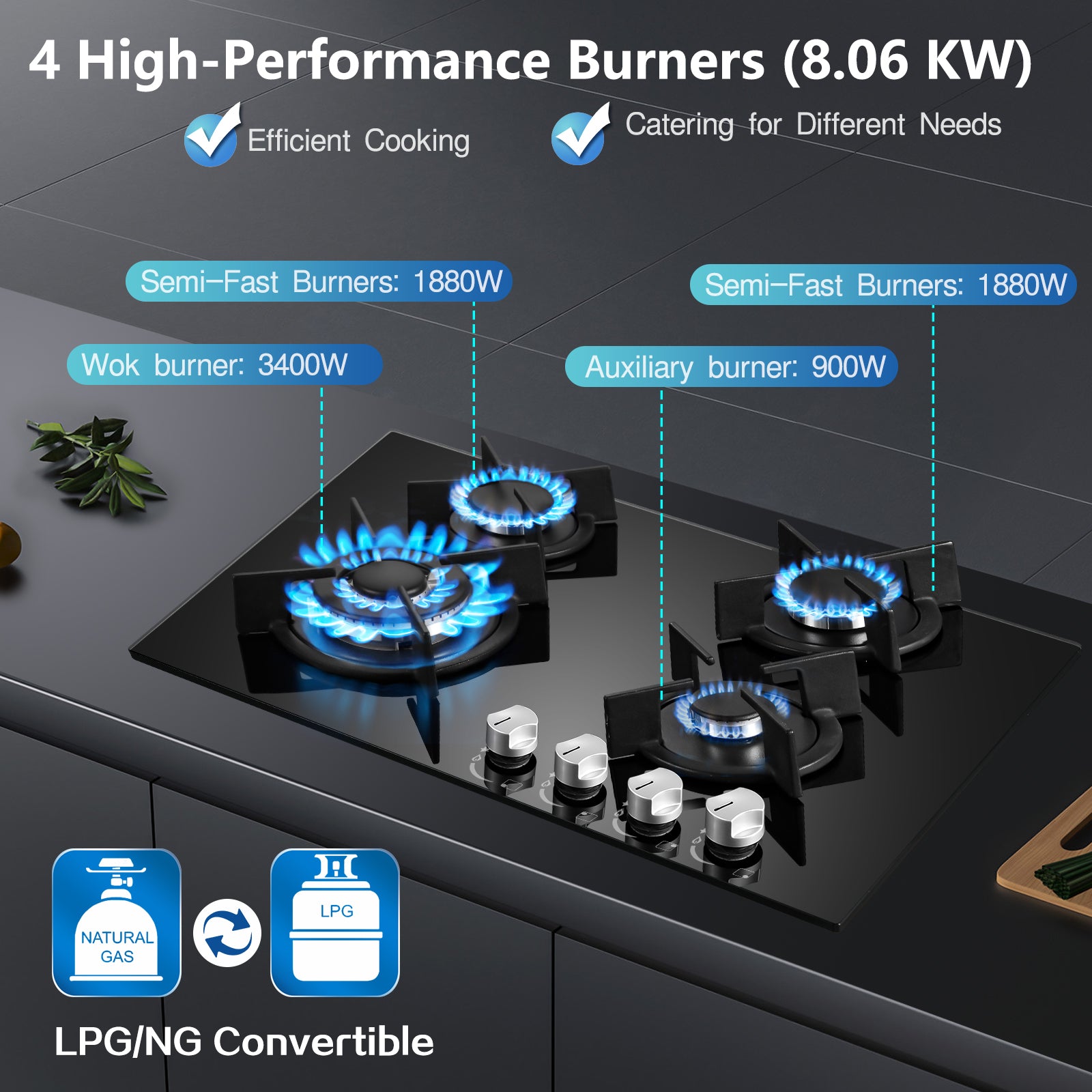 UKT3C-B04 4 Burners Gas Hob 60cm Built-in Gas Cooktop Glass NG/LPG Convertible 8060W