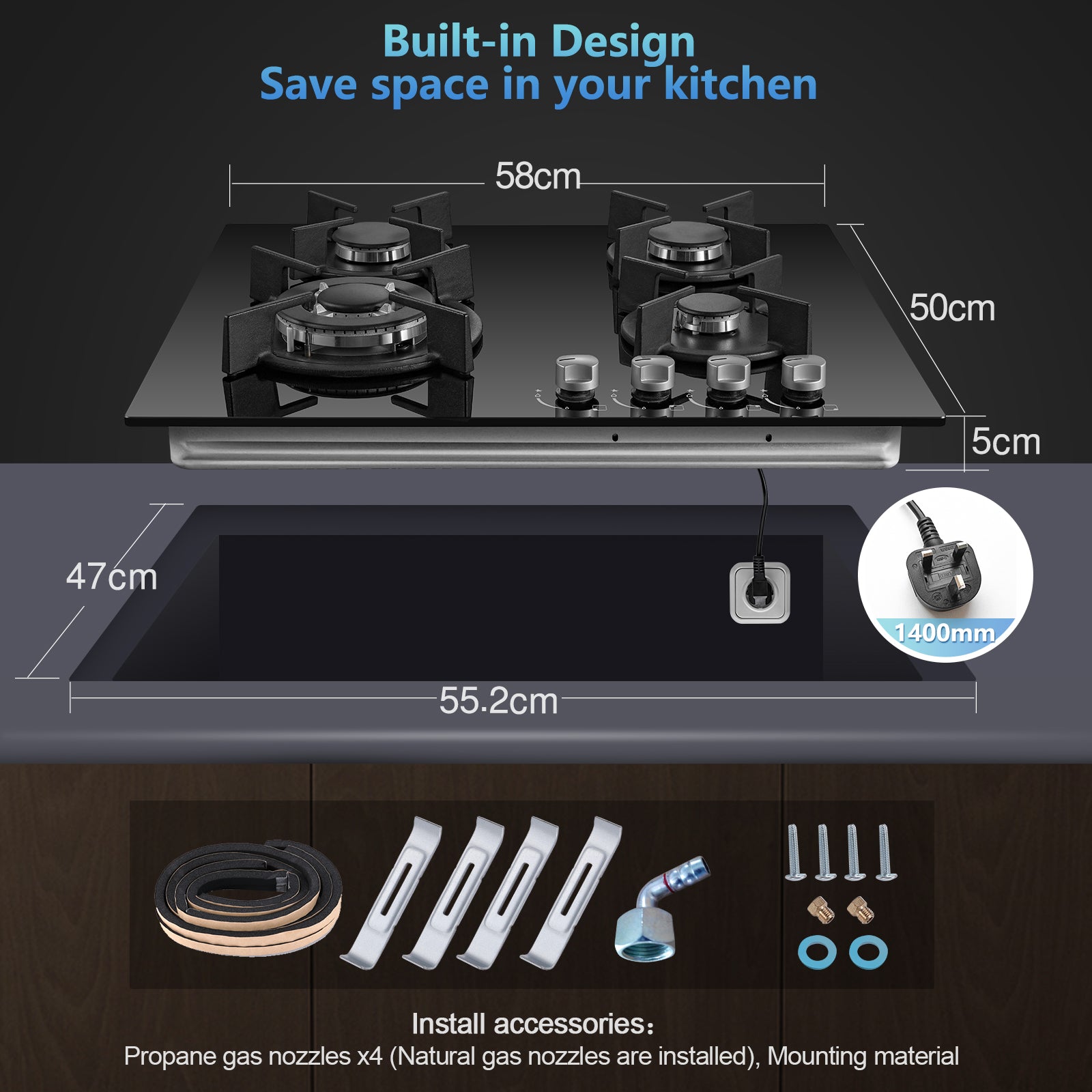 UKT3C-B04 4 Burners Gas Hob 60cm Built-in Gas Cooktop Glass NG/LPG Convertible 8060W