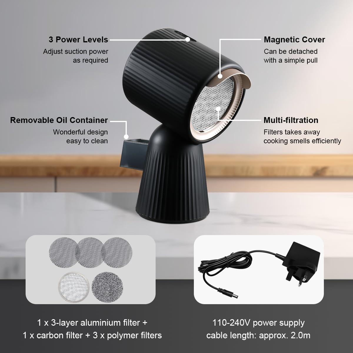 YYUKMH-TBX8 180m³/h Portable Extractor Fan Kitchen with Carbon Filter Energy Class A+