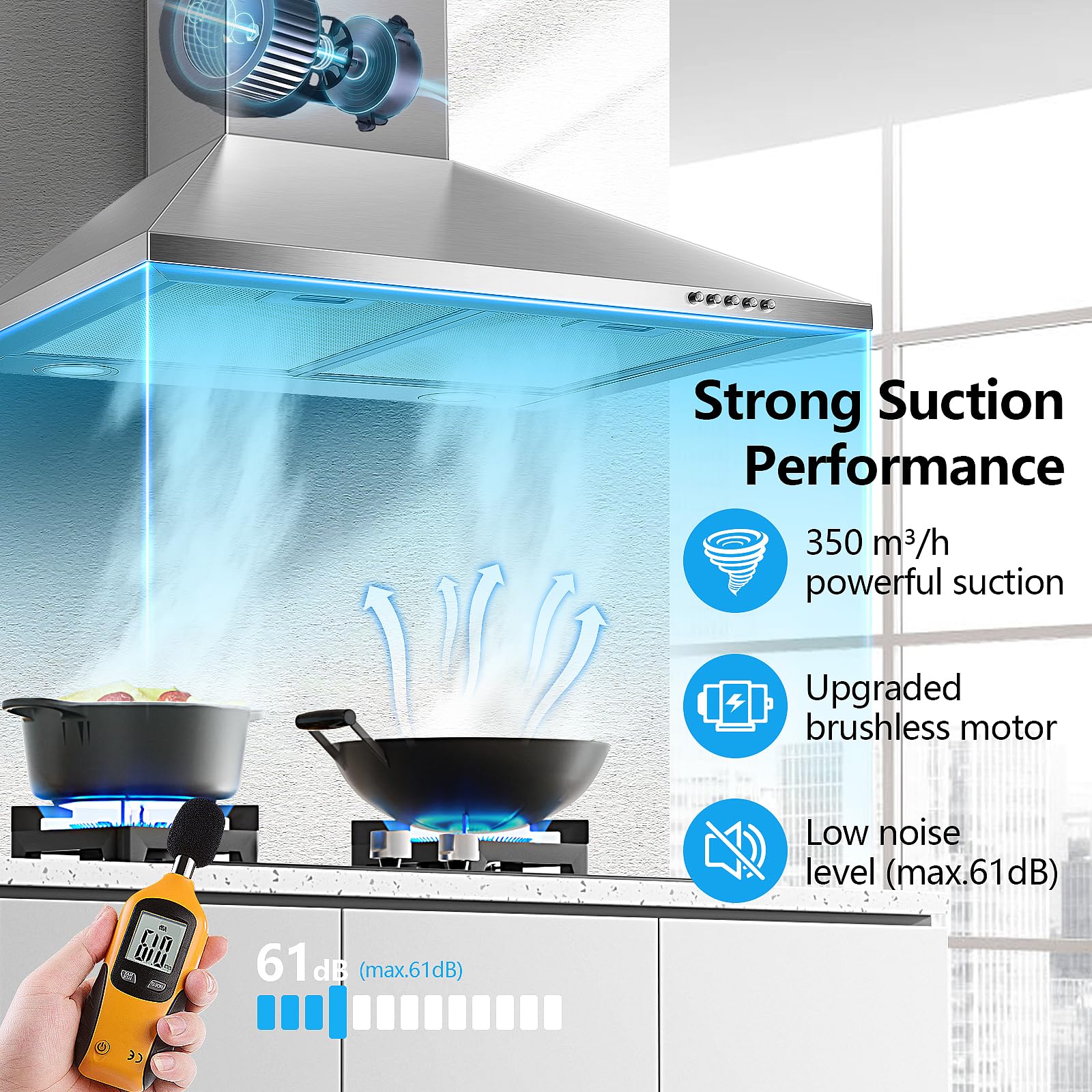 YYUKTH-0660 350m³/h Wall Mounted Extractor Hood Stainless Steel Energy Class A++