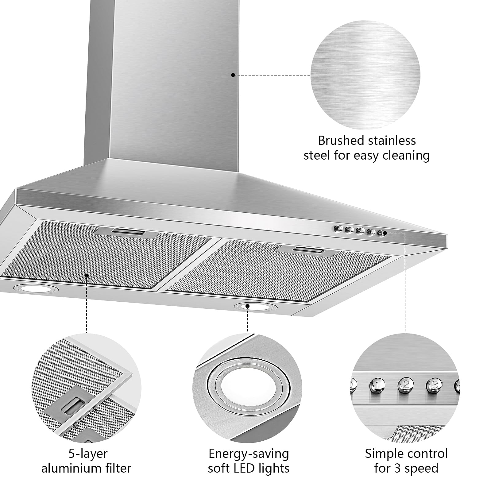 YYUKTH-0660 350m³/h Wall Mounted Extractor Hood Stainless Steel Energy Class A++